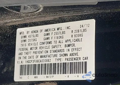 2012 Honda Accord 3.5 Ex-L z USA, uszkodzony, nr VIN 1HGCP3F88CA030662